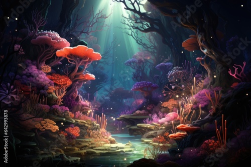 Abstract illustration of deep sea river and light decorated with diverse and beautiful flora © Easy Images