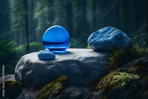 Rock podium with blue glass elements in the forest