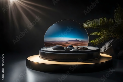 round glass stone podium scenery with black desert in the photo studio hyperrealistic materials