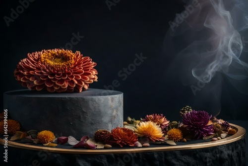 Stone podium with dried chrysanthemum flowers