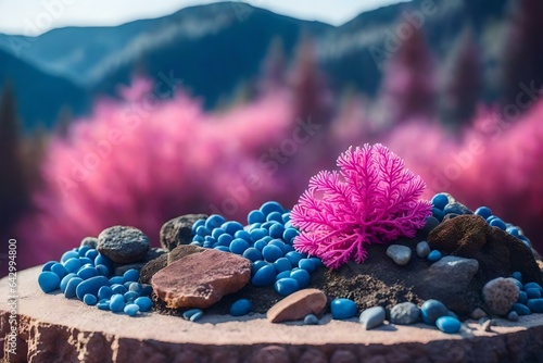 Fototapet round pink stone podium background with blue corals in the forest