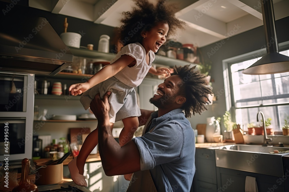 a handsome black man and his child having fun in the kitchen