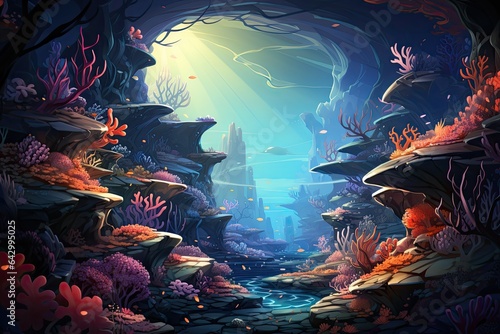 Abstract illustration of deep sea river and light decorated with diverse and beautiful flora