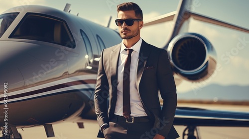 Rich and successful young businessman in suit and sunglasses with private jet on background © Oleksii Halutva