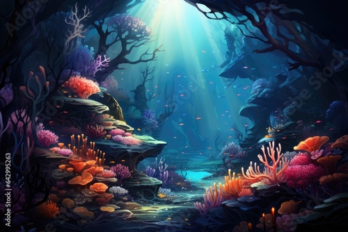 Fototapeta Naklejka Na Ścianę i Meble -  Abstract illustration of deep sea river and light decorated with diverse and beautiful flora