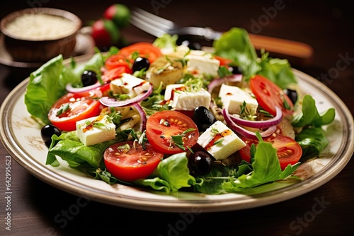 Salad made with tomato brie olives onion and lettuce