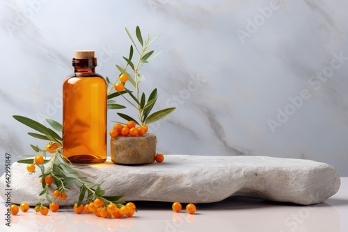 Sea buckthorn branch with berries and leaves on podium natural cosmetic photo
