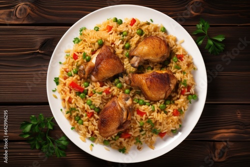 Spanish cuisine Arroz con pollo served on a white plate with veggies on a wooden table
