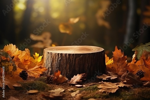 Stump in the forest with colorful foliage and falling leaves Mockup podium for product presentation in a beautiful autumn landscape
