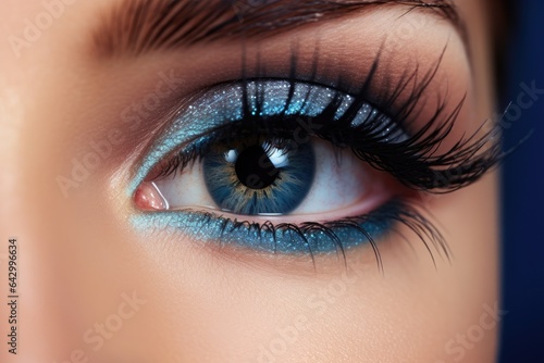 Stunning close up of attractive blue eyes with creative smoky eye makeup perfect shape and long lashes