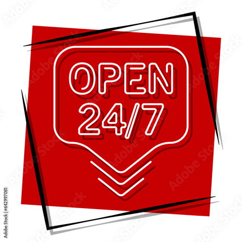 open 24h red banner, framed. Vector illustration.