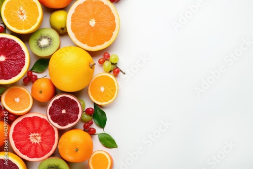 The background consists of an assortment of colorful and fresh fruits placed on a white table.