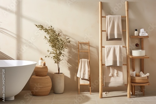 The bathroom promotes a sustainable lifestyle with its zero waste approach It features natural waffle linen towels in earthy hues placed on a wooden bench and towel ladder Alongside photo