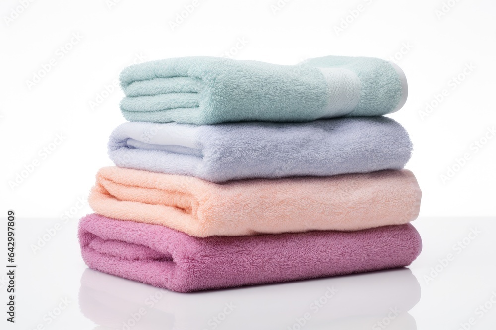 There is a pile of bath towels separated from its surroundings by a white background and there is vacant space available for text or other content There is a pile of bath towels separated from its surroundings by a white background and there is vacant space available for text or other content