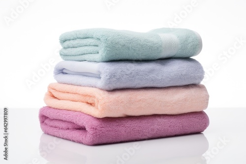 There is a pile of bath towels separated from its surroundings by a white background and there is vacant space available for text or other content