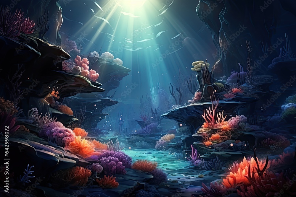 Abstract illustration of deep sea river and light decorated with diverse and beautiful flora - obrazy, fototapety, plakaty 