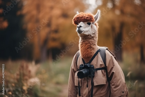 portrait of happy alpaca wearing travel clothes on vacation 