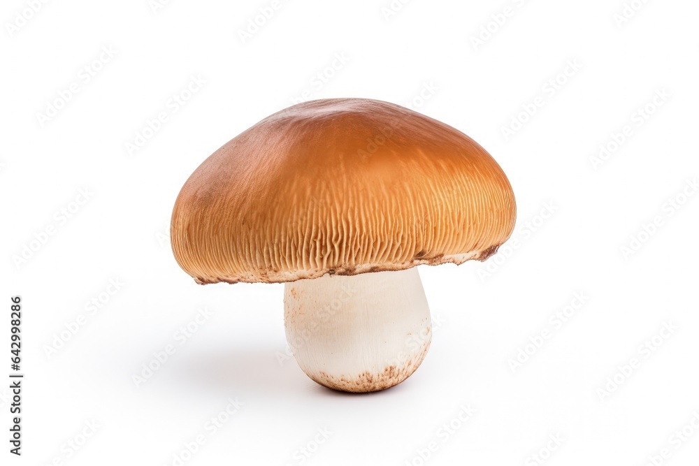 Top view of a Boletus edulis mushroom on a white background with copy space Organically grown in a forest this edible Porcini mushroom is freshly picked