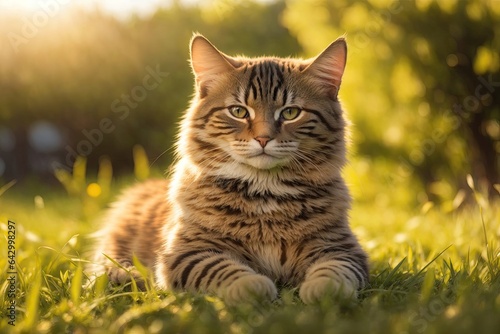 A cat sitting on green grass portrait. ai generative