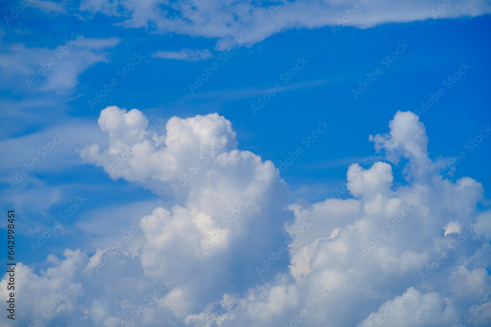 Naklejka premium The cloudscape against the blue sky was illuminated by the bright sunlight of the summer day.