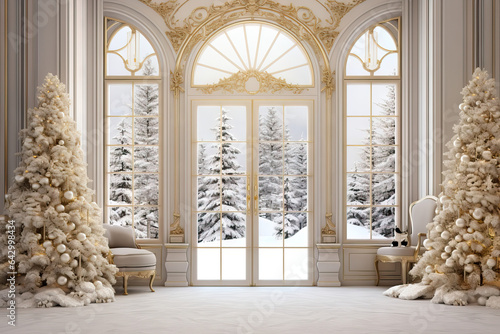 Luxurious living room interior with imposing door. Christmas decor, Christmas 