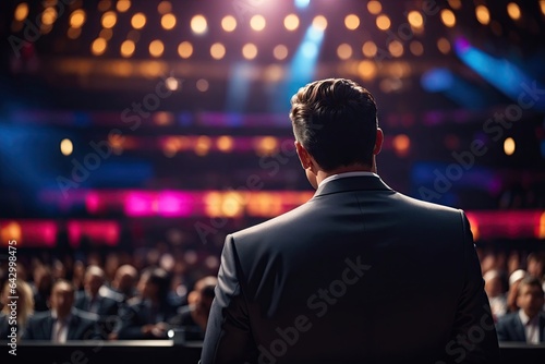 Back view of Man in business suit giving a speach. ai generative