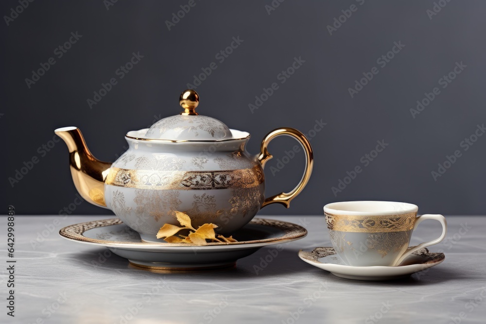 Top view of teapot sugar bowl and cup of tea on a grey background - obrazy, fototapety, plakaty 