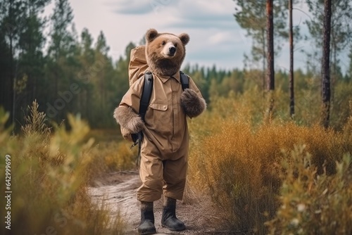 happy bear wearing travel clothes on vacation 