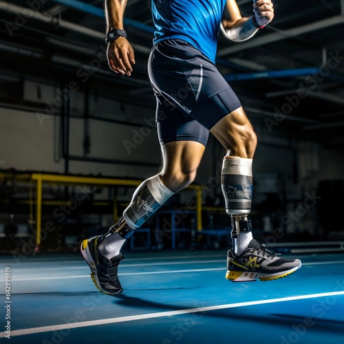 Close-up athlete's legs with orthosis on dark background. Generative AI