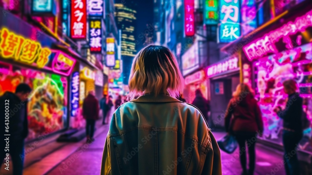 Busy alleyway of Tokyo, back shot of a female. Generative AI