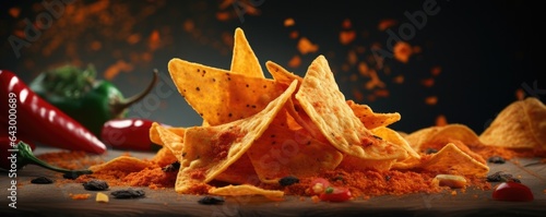 Pile of doritos with chilli on a dark background. Generative AI.