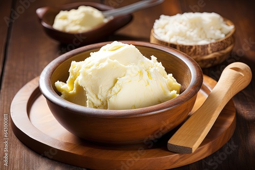 Wooden background with shea butter plate and scoop