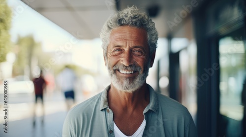 American elderly man smiling happily, Retired people living in the city, Generative AI