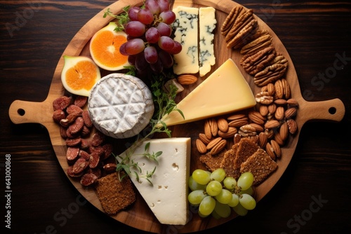 Wooden board with top view of French cheese platter and Spanish Dulce de Membrillo photo