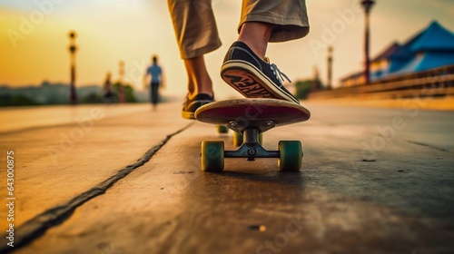 Legs on a skateboard close-up on a summer background. Generative AI photo