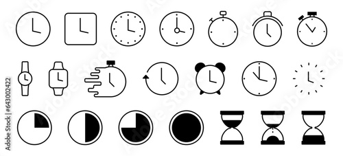 Time clock icons collection. Watch, time, stopwatch, clock icons. Set of black icons for time