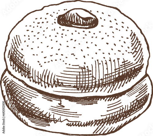 Traditional german polish donut with jam, dusted. Vintage illustration. Pastry sweets, dessert. Element for the design of labels, packaging and postcards.