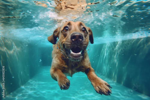 funny dog water puppy underwater vacation pool fun swimming snorkeling. Generative AI.
