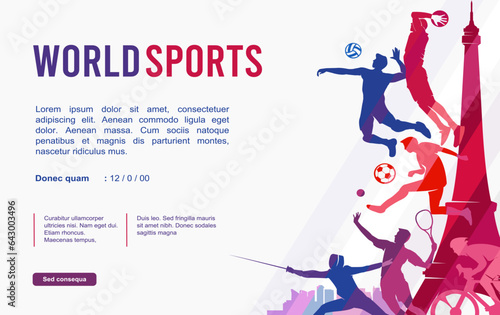 Great editable vector file of multisport festival with players silhouette in the front of paris skyline with classy and unique style best for your digital design and print mockup