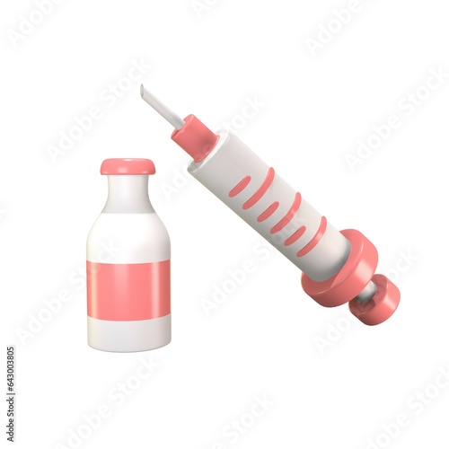 Dynamic 3D medical syringe and vaccine bottle icon in pink, symbolizing healthcare ideals. A clean and minimalistic 3D representation of a medical syringe.