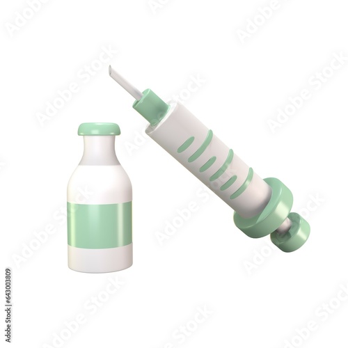 Dynamic 3D medical syringe and vaccine bottle icon in green, symbolizing healthcare ideals. A clean and minimalistic 3D representation of a medical syringe.