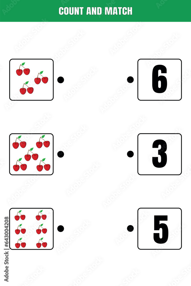 Count and match. Educational math game for kids. Printable worksheet design for preschool or elementary kids. Count and match. Educational math game for kids. Printable worksheet design for preschool or elementary kids.