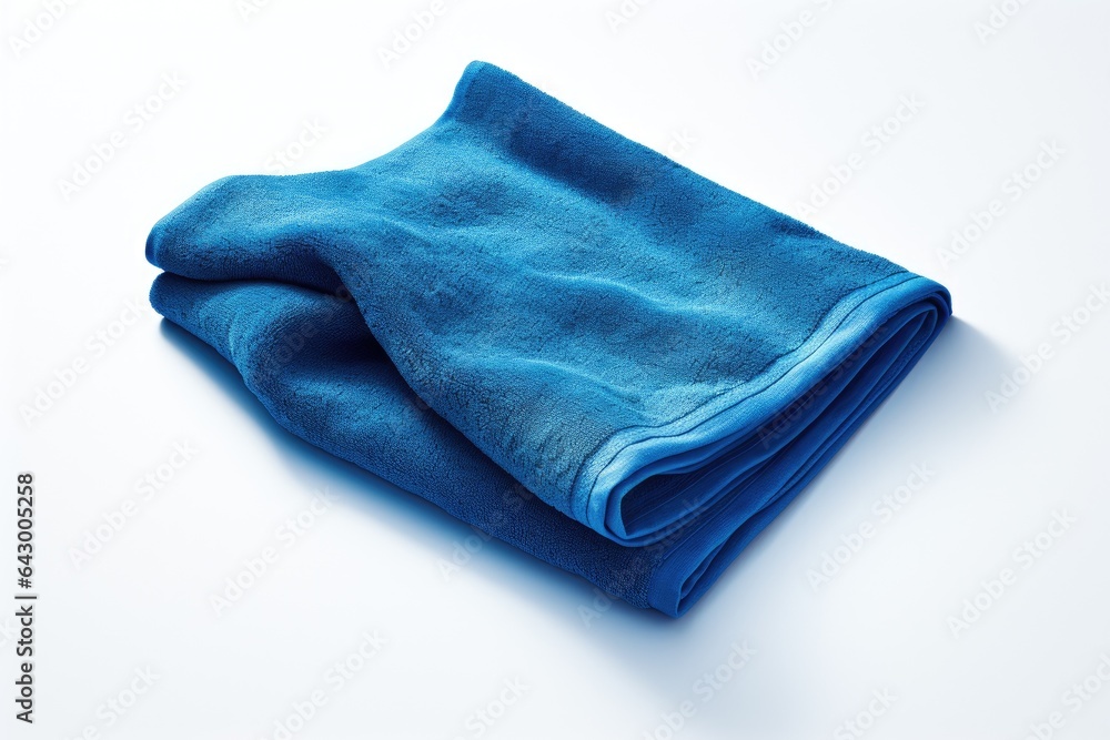 A blue beach towel set apart on a plain white surface