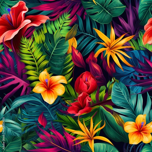 Tropical colourful leaves in blue, green, gold, purple. Hand-painted 3d illustration. Floral seamless pattern, premium texture, abstract background. Luxury mural art, exotic wallpaper, digital paper