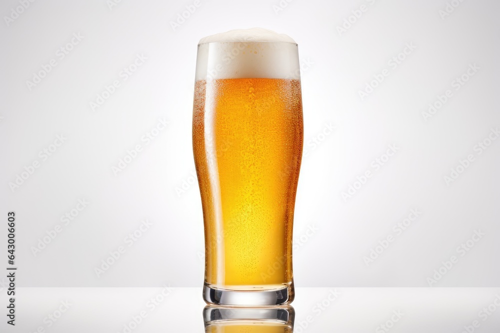 A glass containing fresh beer set against a white background. A glass containing fresh beer set against a white background.