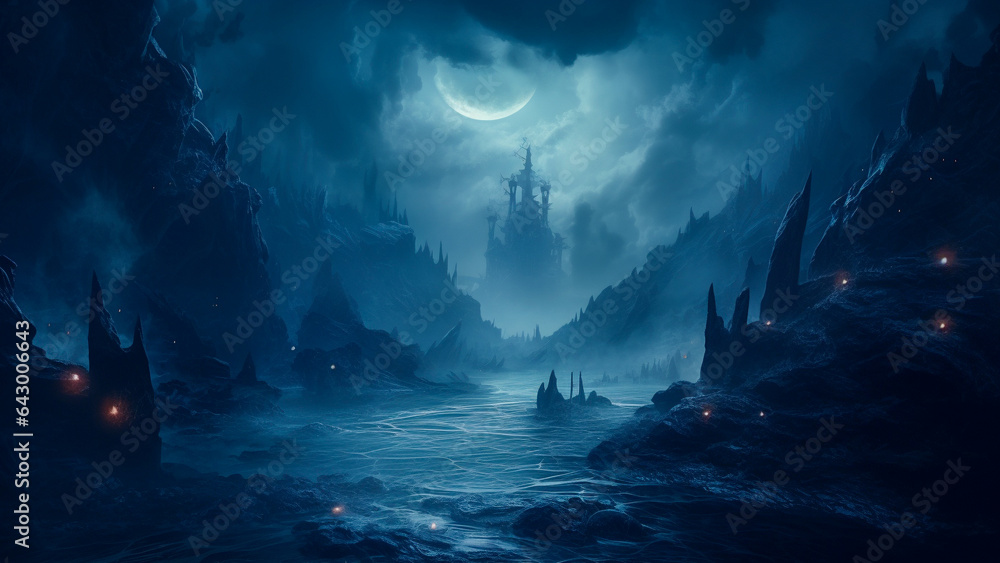 Imaginative dark moody gothic landscape. Mountains, river, trees, clouds and a castle in background. Moonlight and blue tones. Spooky fantasy wonderland illustration, AI generated.