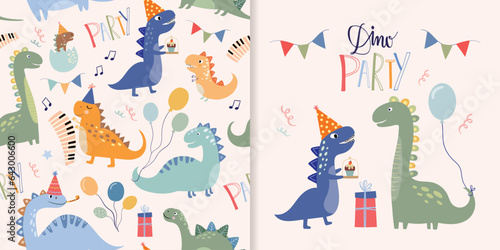 Dino party set with seamless pattern and greeting card  birthday invitation with cute dinosaurs celebrating