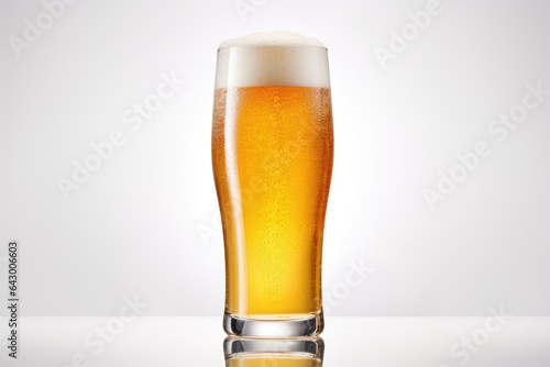 A glass containing fresh beer set against a white background.