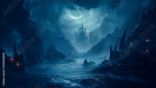 Imaginative dark moody gothic landscape. Mountains, river, trees, clouds and a castle in background. Moonlight and blue tones. Spooky fantasy wonderland illustration, AI generated.