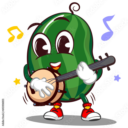 Vector mascot, cartoon and illustration of a cute watermelon humming and playing a banjo musical instrument cheerfully